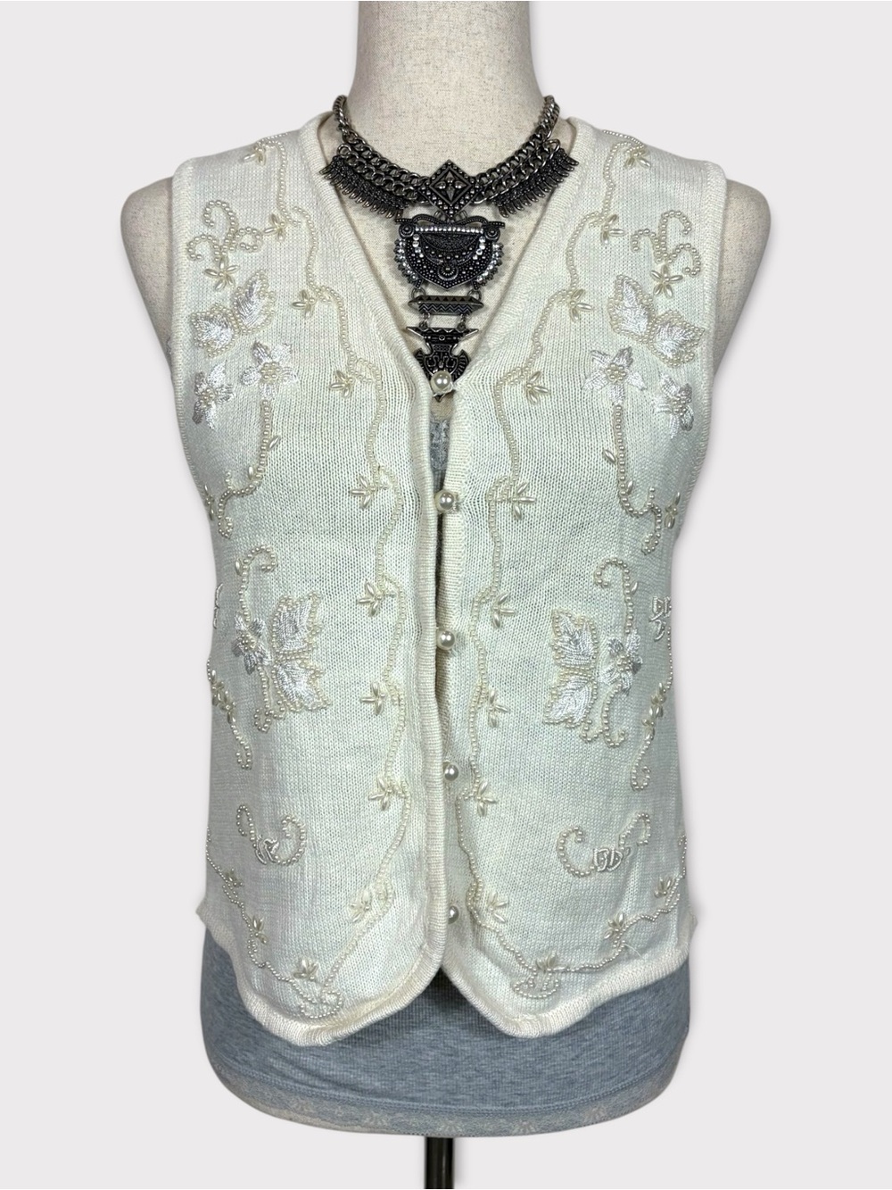 Vintage 90s Beaded Sweater Vest Med Petite Floral Embroidered Cottage Coquette